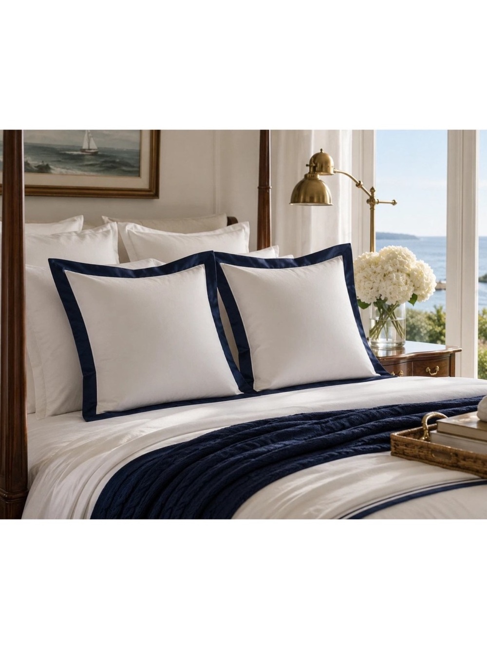 Ralph Lauren Organic Sateen Border Euro Sham White Polo Navy NEW